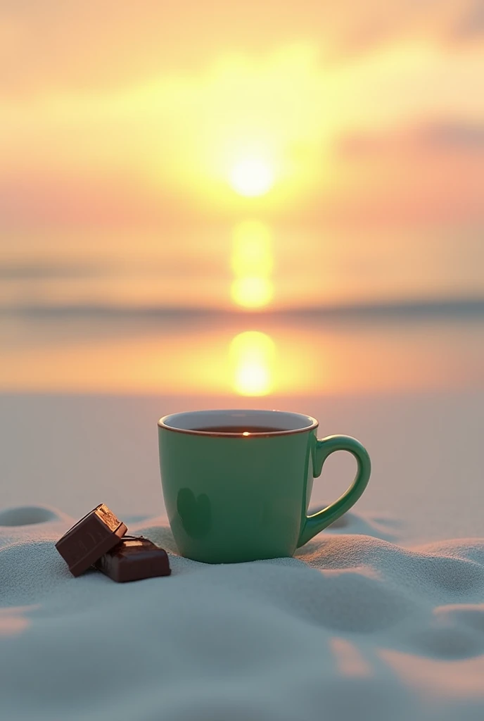 Small coffee mug green sunrise white beach dark chocolate 