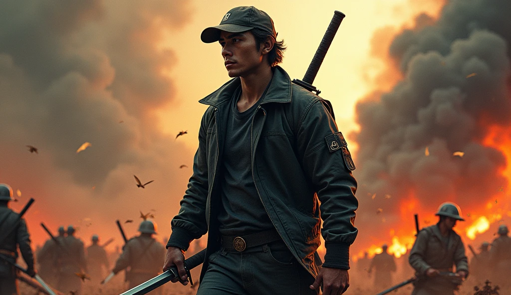A film poster depicting a brave young man, wearing a jacket and baseball cap, wielding his samurai on the battlefield with the words "Metamorfosis" written in capital letters in the centre,