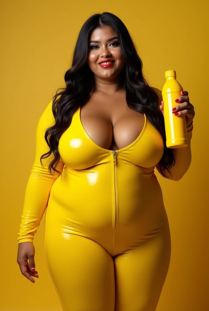 Fat bbw Latina wearing a latex suit holding a bottle of yellow mustard