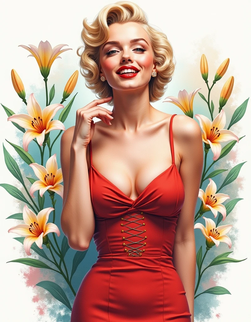 Marilyn Monroe stechu,(white background:1.4), (( Vogue fashion)), original,(illustration:1.1),(best quality),(masterpiece:1.1),(extremely detailed CG unity 8k wallpaper:1.1), (colorful:0.9),(panorama shot:1.4),(solo:1.2), (ink splashing),(color splashing),((watercolor)), clear sharp focus,{ 1girl standing },(24 years old)((Vogue fashion style )),flower background,outdoors,Lilys, looking at viewer, make happy expressions,soft smile,pure,beautyfull detailed face and eyes,beautyfull intricacy clothing decorative pattern details, black hair,black eyes,colorwater
