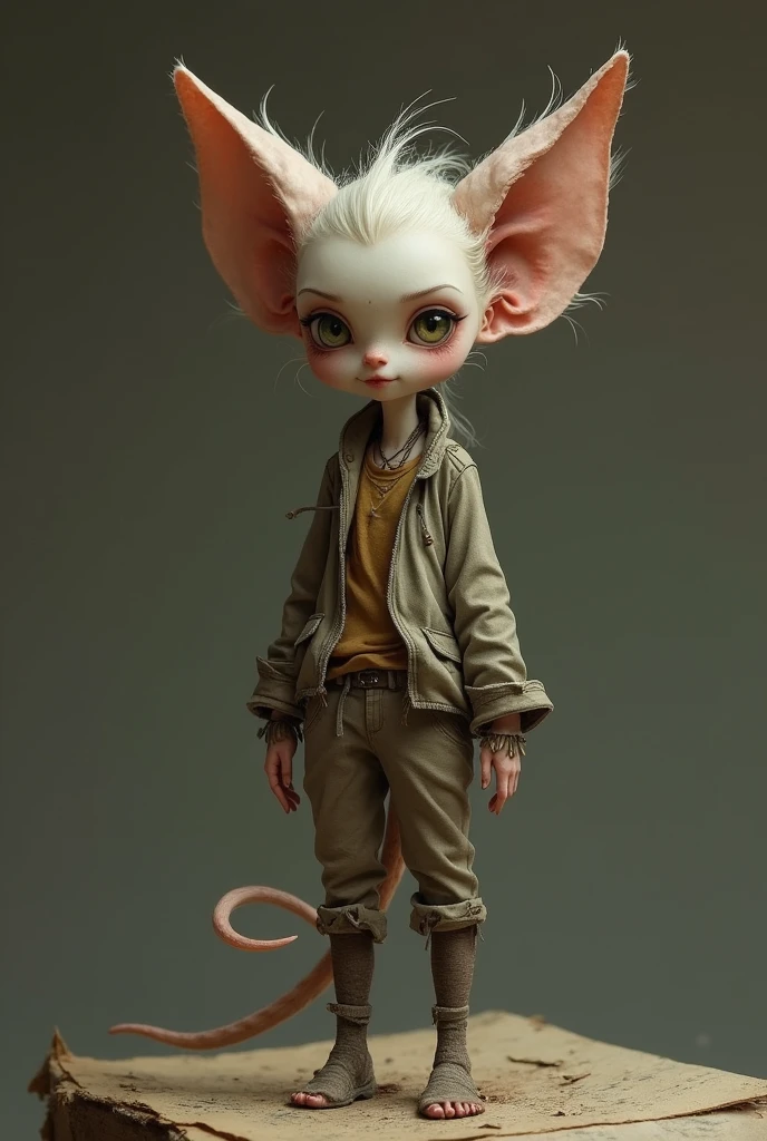A small woman, 20cm tall, with long ears and a tail, adult body, wearing tattered clothes, standing on top of a desk.