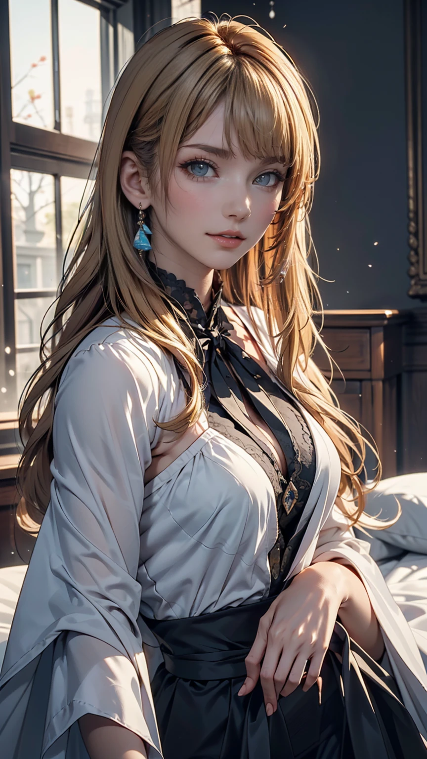 (Very detailed CG ユニティ 8k 壁紙,masterpiece, Highest quality, Very detailed),(Best lighting, Best Shadow, Very delicate and beautiful),floating,High saturation,Blonde+blue eyes:1.2,Gloomy Gothic Landscape, Long Hair, Gazing into the distance. (長いブロンドの髪と輝くblue eyesのゴシック照明を持つ美しい女の子)