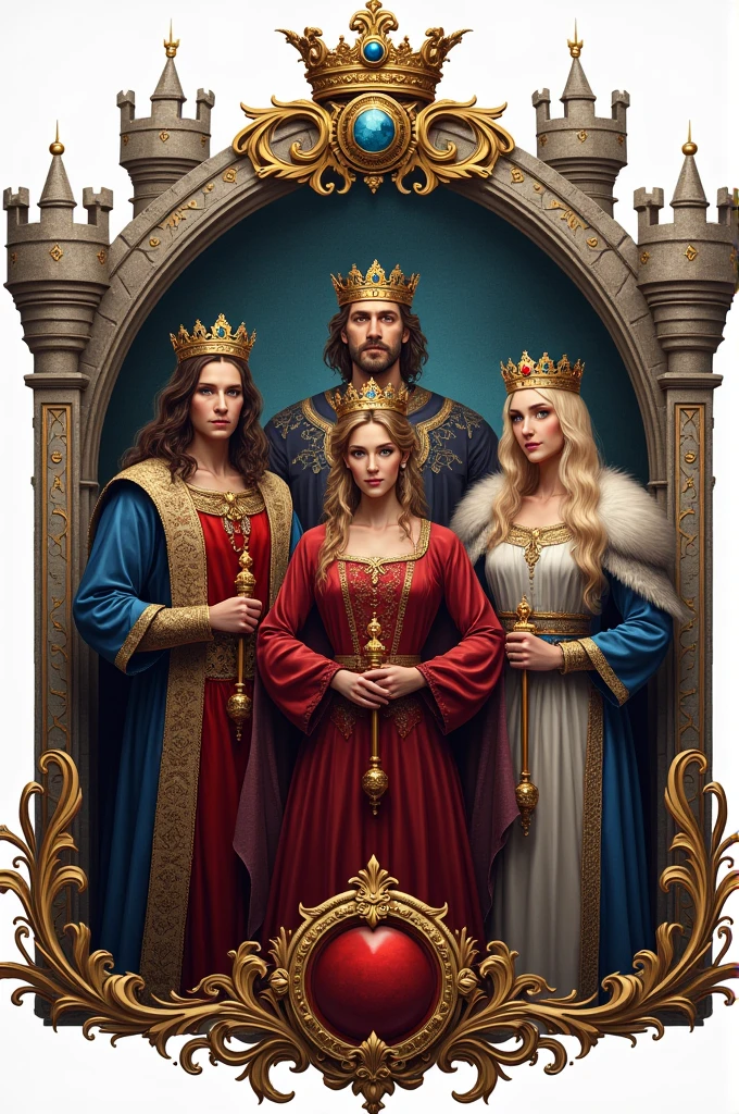Image of a family posing for a photo in a castle, coronation, an epic fantasy, Camelot, royal portrait, backdrop, Regal Pose, Kingdom of Royalty, King Arthur, castle, Royal family during an argument, a medieval, (cut of royalty, 4 people in the image :) 1 king with a strict and firm look, 1 queen with a gentle and wise look, 1 knight with heroic and cunning aspect and ung princess with playful aspect. Royal Family, 4k image, realistic, perfect faces, No imperfection, insane details, (the royal court in the background, a richly adorned palace in the background