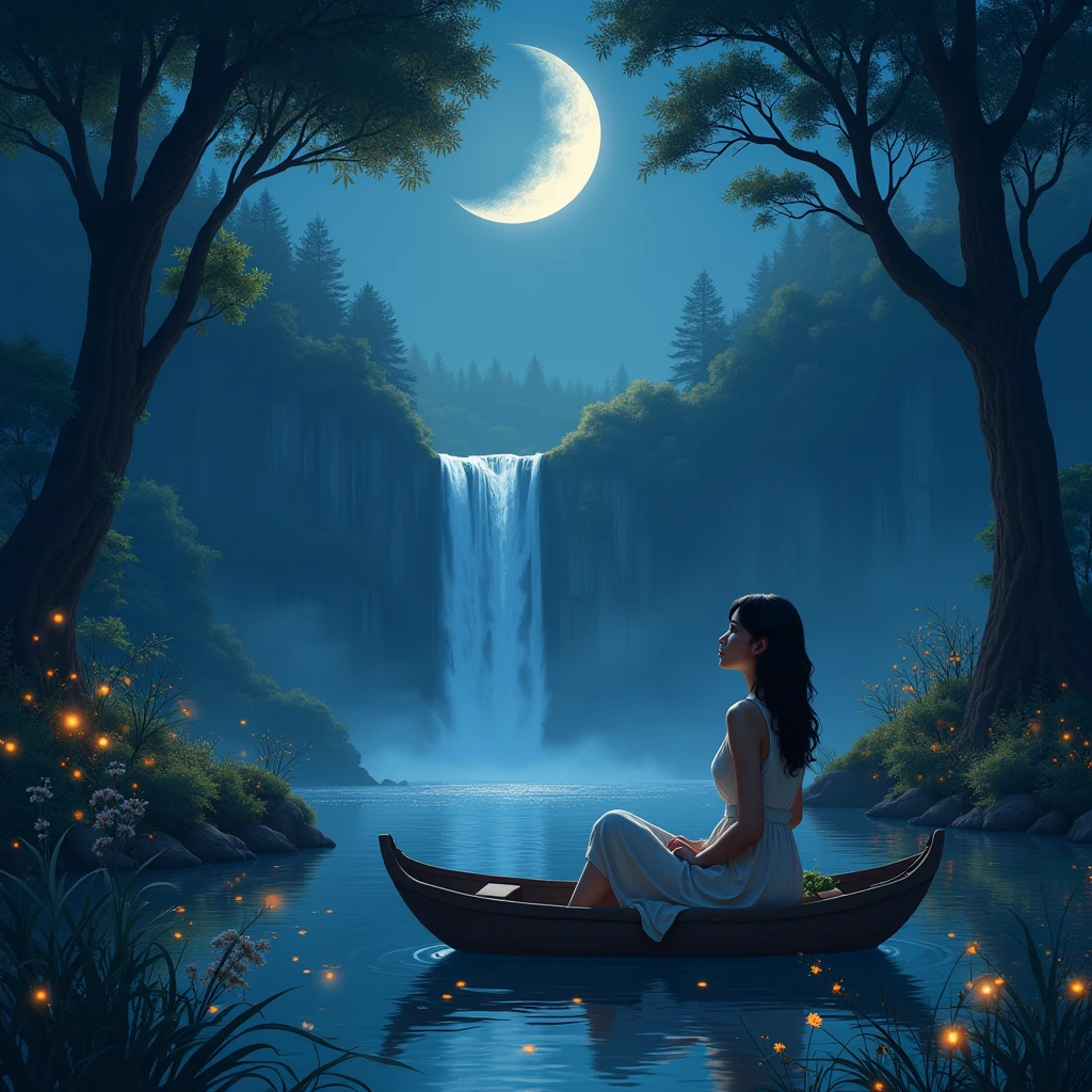A beautiful girl was watching stars in the dark bluish sky filled with moonlight. It was a dark forest with tall trees and flowers garden. She was on the boat in the lake. The light insect was shining beautiful. The water falls was falling from the mountain