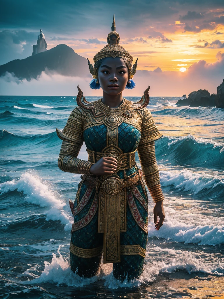 a gigantic traditional Thai female titan, walking in the sea, dress in Thai ancient traditional sbai, big intricate gold belt, half of her body up from the ocean, lime stone island, beautiful detailed eyes, beautiful detailed lips, long eyelashes, extremely detailed anatomy, hyper realistic, 8k, photorealistic, cinematic lighting, dramatic lighting, volumetric fog, atmospheric, moody colors, vibrant colors, saturated colors, beautiful ocean landscape, waves, water splashing, dramatic sky, epic, cinematic, dramatic composition