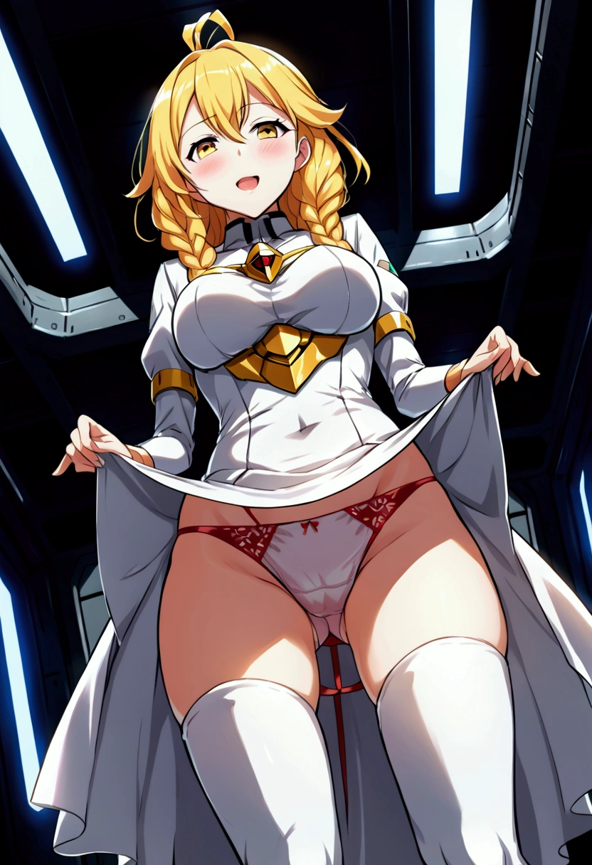 a beautiful detailed portrait of Kudelia Aina Bernstein from Gundam IBO, (Kudelia Aina Bernstein), (Whole body view:1.3), thigh length yellow hair in a single braid, 1/4 contrapposto pose, viewing from slightly below, excited facial expression, wearing white formal gown, dress lifted revealing tight white thigh high boots and a glimpse of red thong underneath, round hips, highly detailed, intricate details, cinematic lighting, spaceship hangar Bay interior