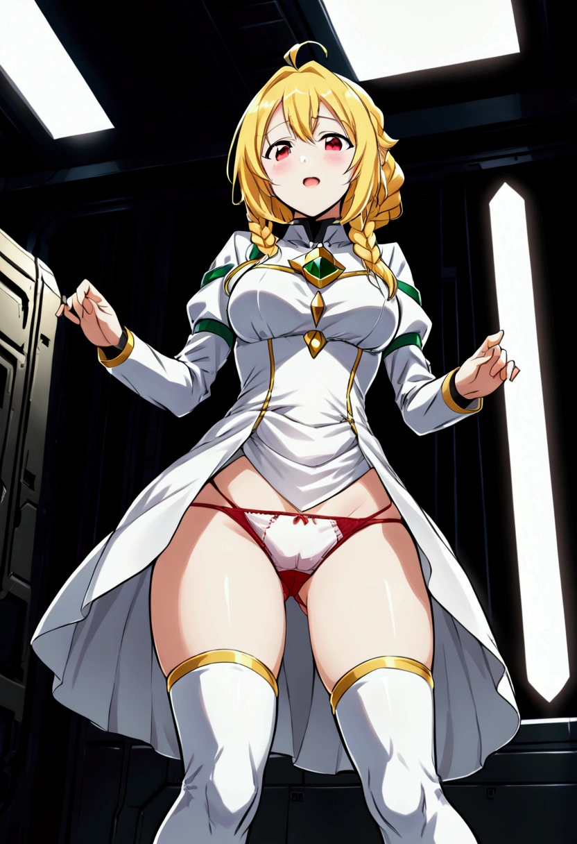 a beautiful detailed portrait of Kudelia Aina Bernstein from Gundam IBO, (Kudelia Aina Bernstein), (Whole body view:1.3), thigh length yellow hair in a single braid, 1/4 contrapposto pose, viewing from slightly below, excited facial expression, wearing white formal gown, dress lifted revealing tight white thigh high boots and a glimpse of red thong underneath, round hips, highly detailed, intricate details, cinematic lighting, spaceship hangar Bay interior