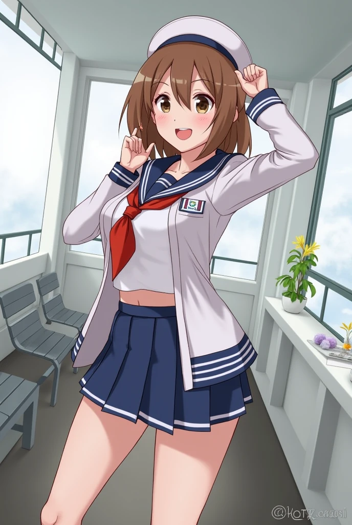 1girl, cowboy shot, field, smile, open mouth, 
haruhisuzumiya, brown eyes, brown hair, medium hair, hair ribbon, hairband, kita high , serafuku, sailor collar, white shirt, long_sleeves, no_pants,panties,white_panties,best quality, masterpiece, highres, 