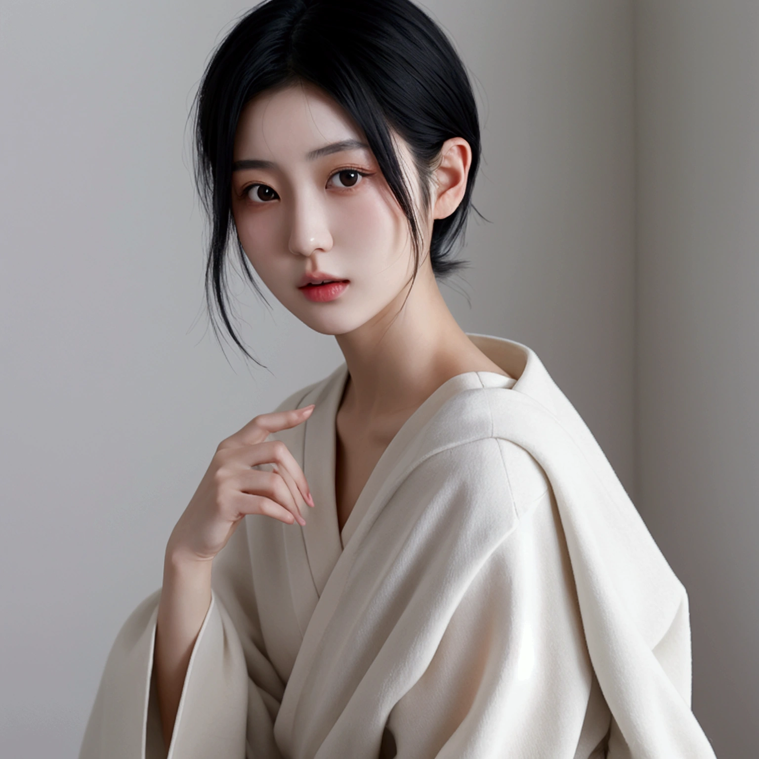 A Japanese girl with short black hair, white skin, head to shoulder photo