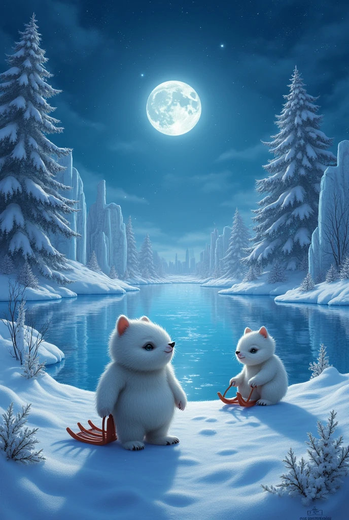 snowy landscape, Frozen lake, ice sculptures, sleds, night sky, with chubby, furry little people with white fur 