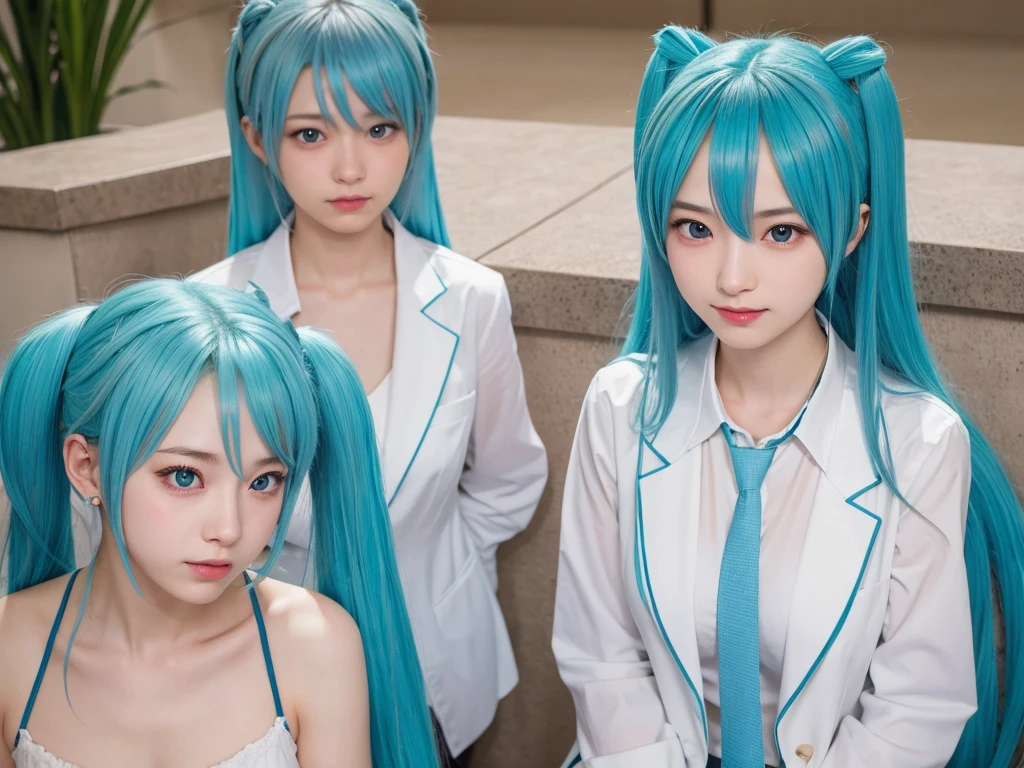(8k, Ultra-high resolution, Highest quality, masterpiece: 1.3), (Insincere laughter), (avoid), (18-year-old: 1.8)、(Hatsune Miku: 1.9)、cosplayer、Japanese Girls、smile、Beauty、Beautiful Skin、(Big Breasts: 1.5)、((There are many cloned humans who have the exact same face and body shape as the cosplayer girls: 1.6))、Hatsune Mikuだらけ、Hatsune Mikuの増殖、Hatsune Mikuの群衆
