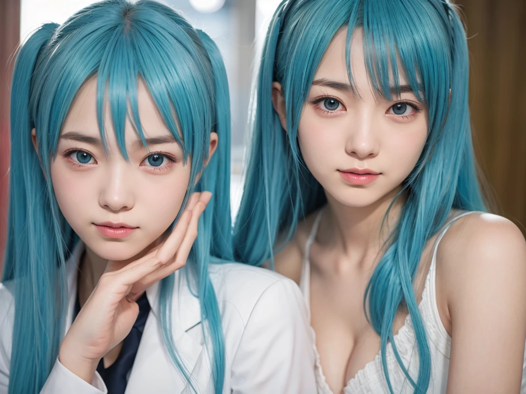 (8k, Ultra-high resolution, Highest quality, masterpiece: 1.3), (Insincere laughter), (avoid), (18-year-old: 1.8)、(Hatsune Miku: 1.9)、cosplayer、Japanese Girls、smile、Beauty、Beautiful Skin、(Big Breasts: 1.5)、((There are many cloned humans who have the exact same face and body shape as the cosplayer girls: 1.6))、Hatsune Mikuだらけ、Hatsune Mikuの増殖、Hatsune Mikuの群衆