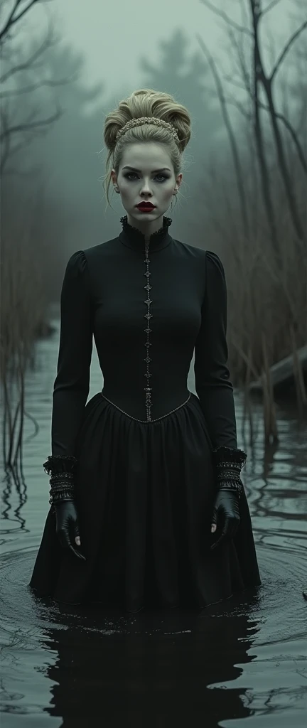 monochrome film, drama, stuck in bog,high-neck style, closed Puritan dress, short mini-dress, hips:1.2, high-neck dress, aristocratic hairstyle, stockings with garters, red lips, goth, aristocratic, gloves, artwork, blond