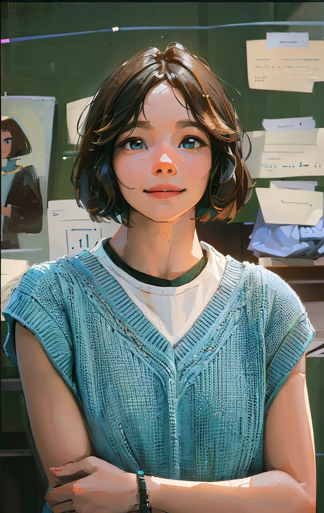 ((Best Quality, 8K, Masterpiece: 1.3)), best quality, ultra high res, arafed girl in a blue sweater standing in front of a bulletin board, portrait of max caulfield, beauty girl, smile, cute face, emma myers, juno promotional image, with a bob cut, still from a live action movie, with short hair, character poster,