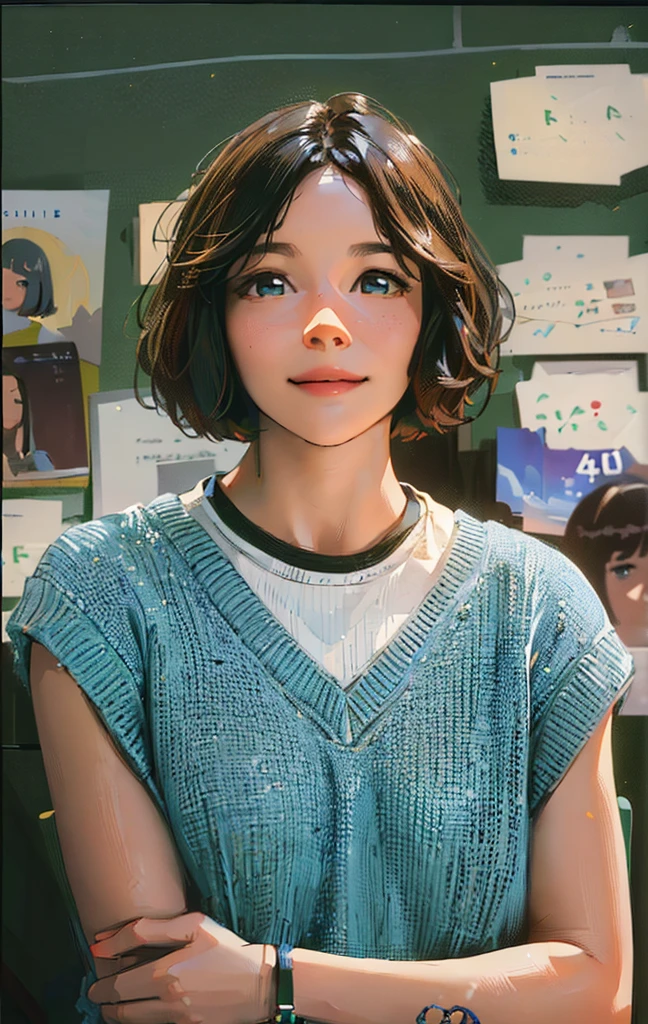 ((Best Quality, 8K, Masterpiece: 1.3)), best quality, ultra high res, arafed girl in a blue sweater standing in front of a bulletin board, portrait of max caulfield, beauty girl, smile, cute face, emma myers, juno promotional image, with a bob cut, still from a live action movie, with short hair, character poster,
