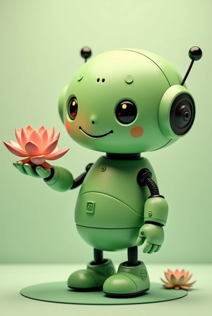 Light green chubby friendly robot with a lotus flower in the palm of its hand