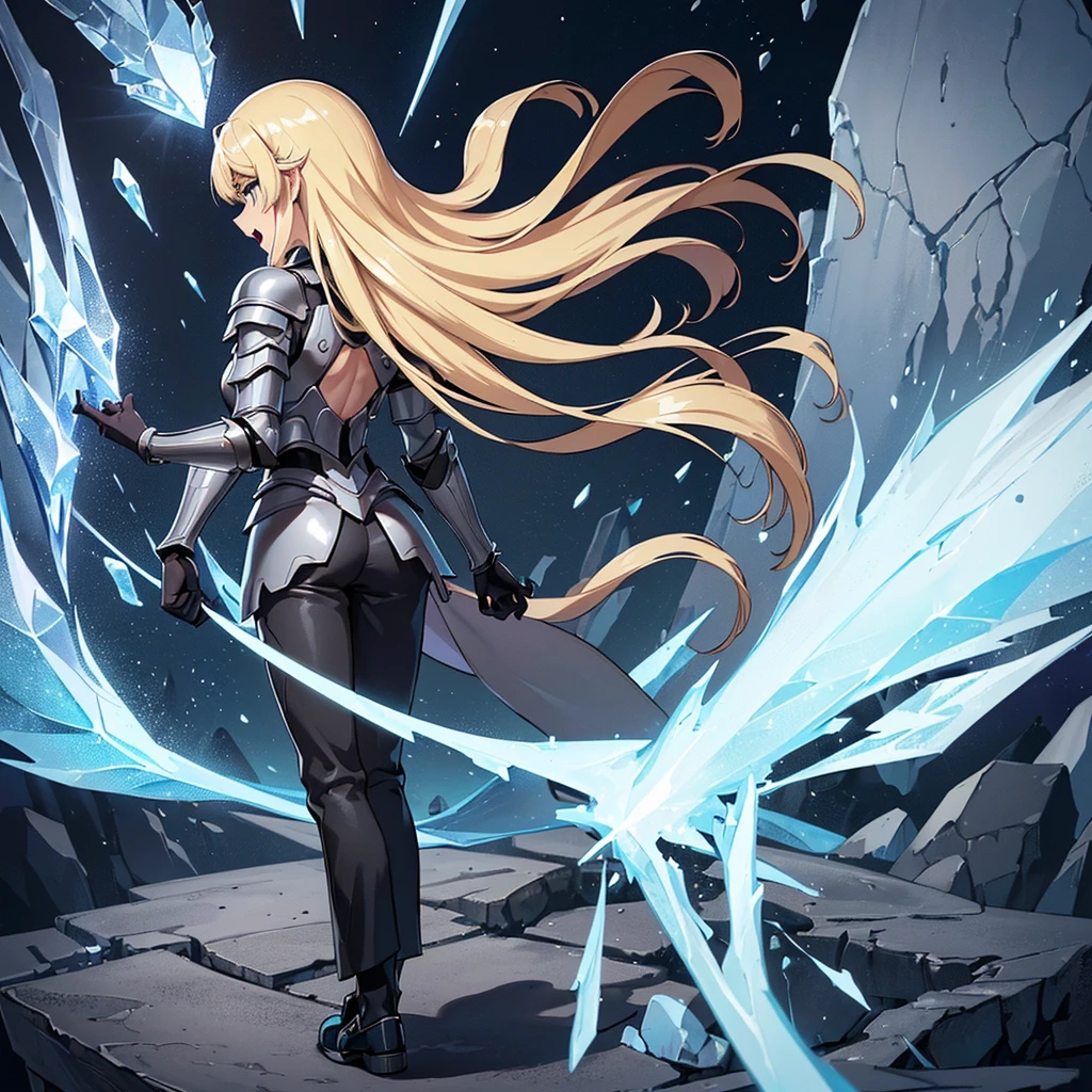 ((((Solo))))、Best illustrations、Best Quality、(Full body character concept、Character Design)、(((Grey Armor、Black trousers、Black gloves))、(woman、18-year-old)、(Blonde、Long Hair)、(Get Ready)、(get annoyed、Open your mouth)、(Particles of light, Blue aura, ice、iceの玉、巨大なiceの塊、iceの魔法)、Dramatic Angle、Snowstorm、(From the back、back view)