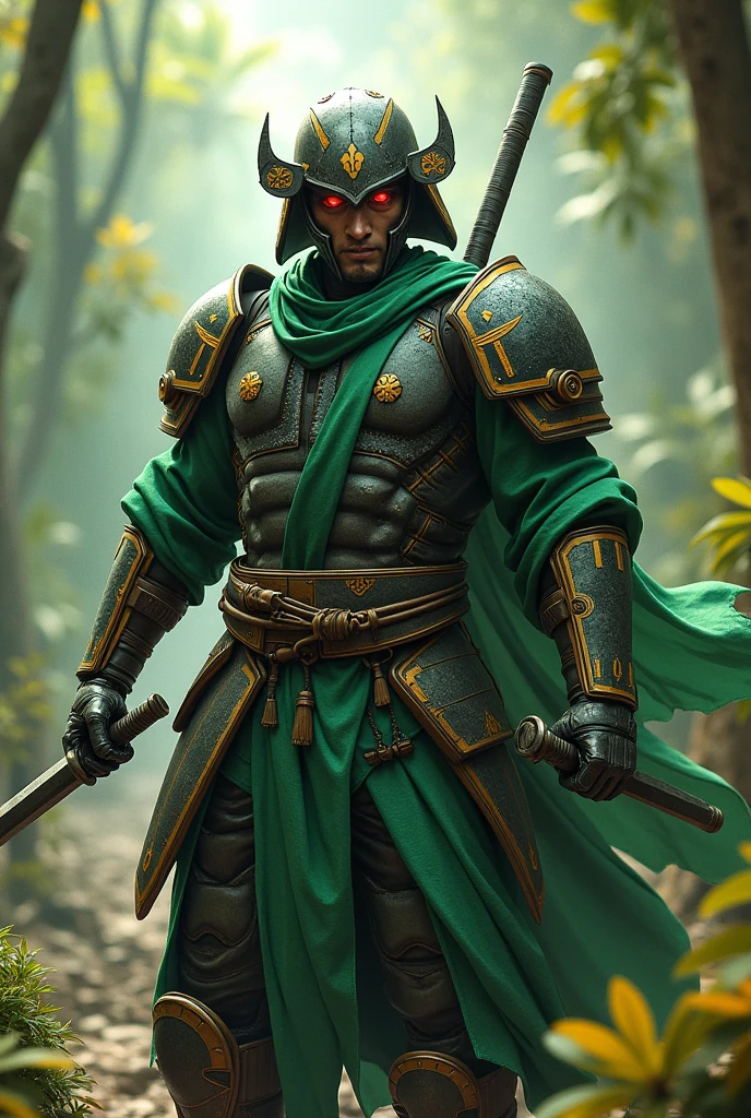 naughty man, Robot, with iron helmet, green samurai, Brazilian Hero, with yellow details