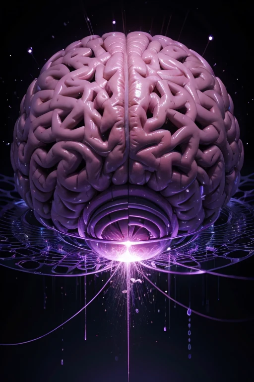 Create an image of a brain with money surrounding it, and the background being something more technological leaning towards purple.