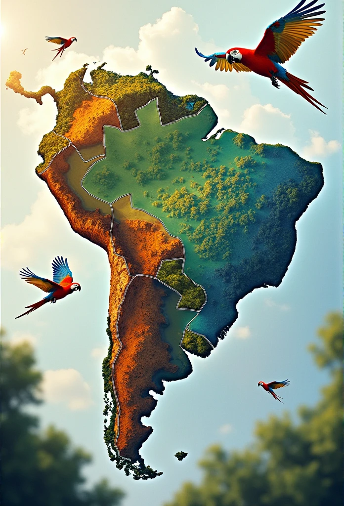 Create an image representing the different morphoclimatic domains of Brazil according to Aziz Ab'Saber&#39;sabias, The domains should be separated, forming a large puzzle, where each piece represents a different domain. A pair of macaws fly over the scene