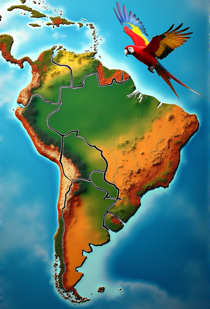 Create an image representing the different morphoclimatic domains of Brazil according to Aziz Ab'Saber'sabias, The domains should be separated, forming a large puzzle, where each piece represents a different domain. A pair of macaws fly over the scene
