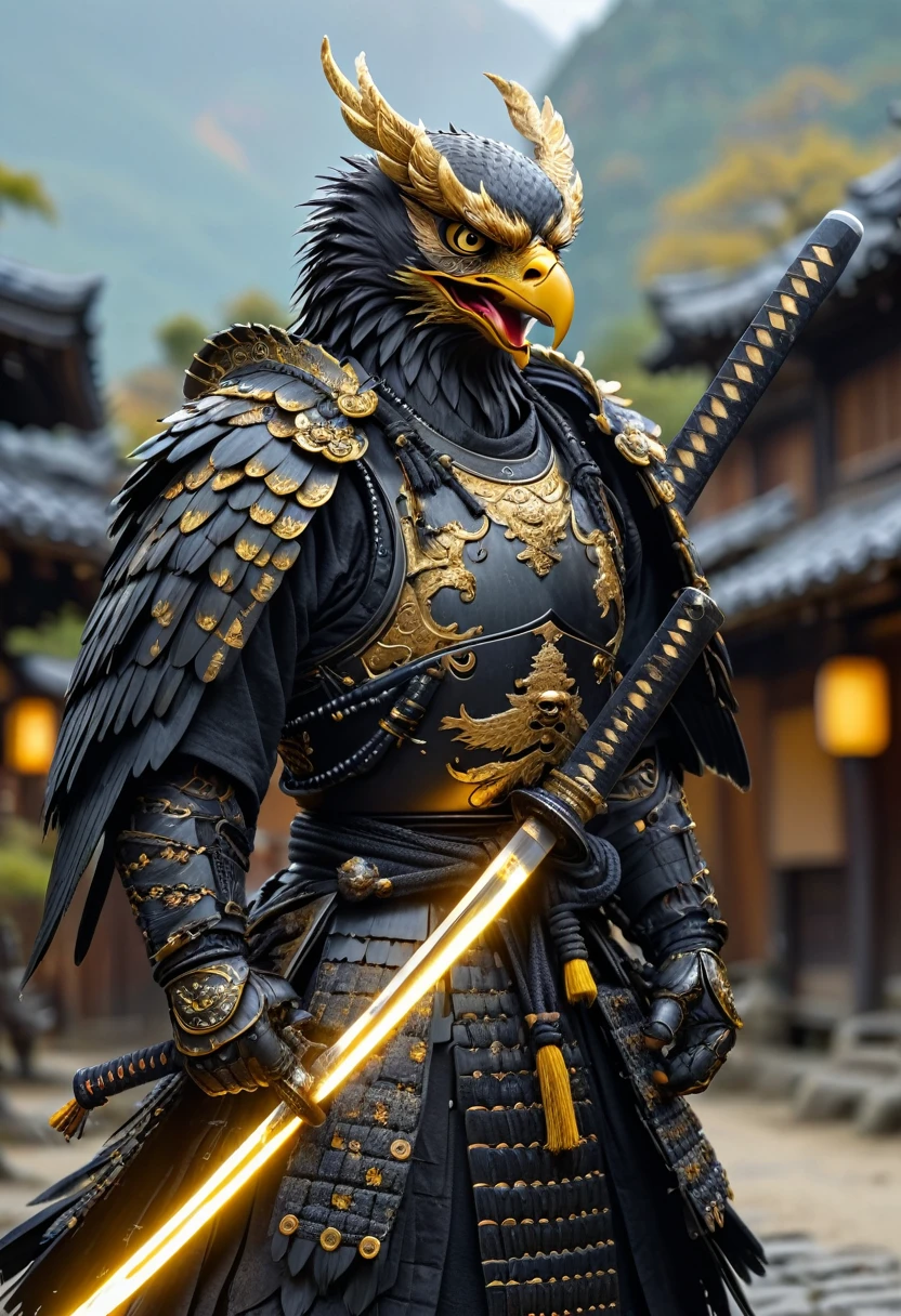 An action picture, a realistic digital image, an angry anthropomorphic eagle, holding a gleaming magical katana drawn from its scabbard, black with black wooden armor, samurai beads, yellow demon samurai mask, standing in an ancient Japanese village, ultra HD, 8k, intensely detailed.