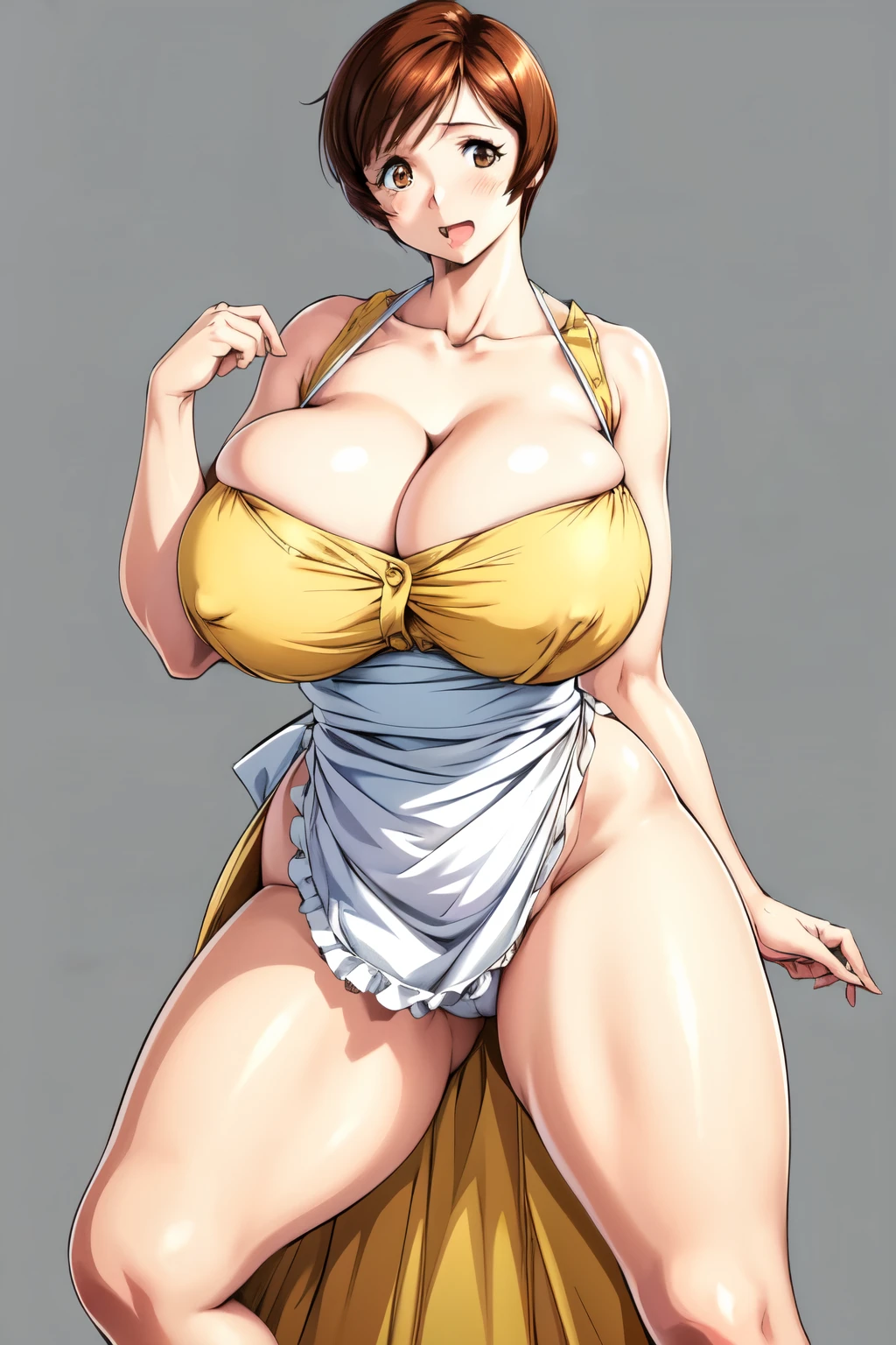 masterpiece, Highest quality, High resolution, One girl, alone,  intercographic imaghort hair, etsukoto, Brown eyes, fine grain, fine grain, (white skin color), (((Thick thighs, Plump thighs, Voluptuous thighs, Thighs alone are enough))), ((Huge and enough breasts, Cleavage, Bigreasts)), big,((Big breasts ortant))、((Naughty thighs(thin:1.4),(Tight waist:1.4), (Yellow Dress:1.4), ((white waist apron)), White panties, (((Simple Background))), smile, Open your moutde Hips)), (Shiny skin, Oily skin), Mature mother, Calf, Seductive mature woman, Mature Woman, Perody, Plus Size Model, Curvy, enetsukoto, blusvicle, retro artstyle, 1990s (style), (Thick thighs:1.4), (from side:0.9), [[standing]], (((spread legs))), bare legs,