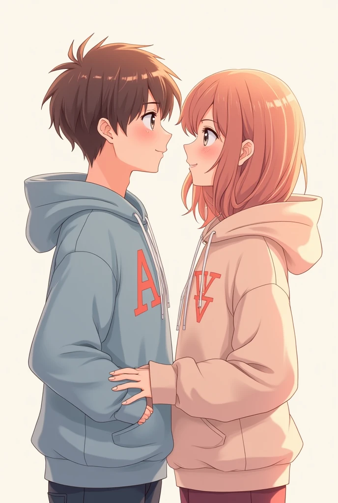 Anime picture of a couple wearing hoodies with the initials A and V printed on them.