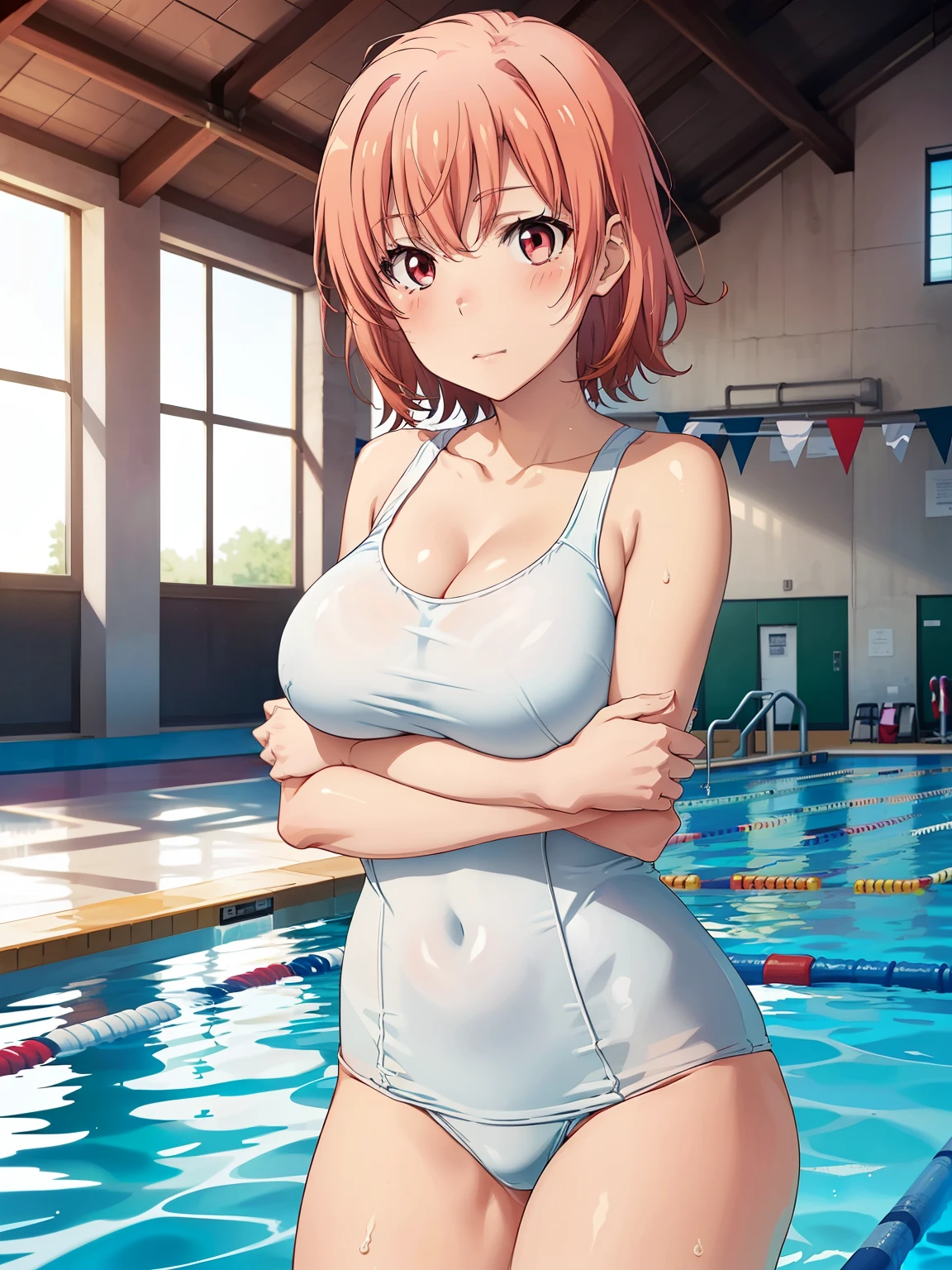 ((Highest quality, High resolution, Perfect Pixel, 4K)), (Beautiful Anime Girls), Depth of written boundary、
Watching the audience,
Perfect body,
yuigahama yui, (Big Breasts:1.2)、 Red eyes、 short hair,
(blush:1.1), Cleavage、
School Swimsuit、(White swimsuit:1.4)、
School swimming pool、Indoor swimming pool、
Cross your arms、
