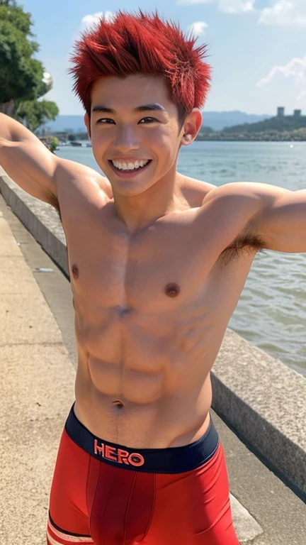 Japanese men、、Well-developed muscles and smooth skin、Spiky red hair、Boxer briefs、A fearless, toothy grin、Masculine pose、You can see the whole body from head to toe、Hero Academy