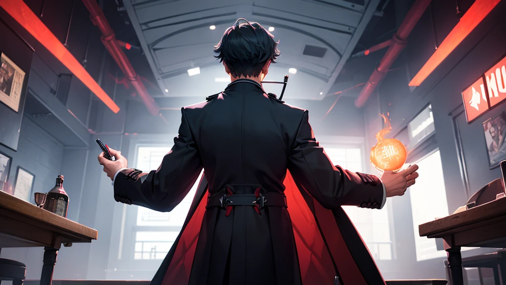 A man in an overcoat, with his back to us, is fiddling with a technology table with red energy emanating from it..