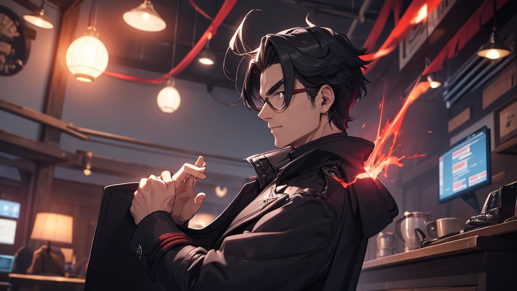 A man in an overcoat, with his back to us, is fiddling with a technology table with red energy emanating from it..