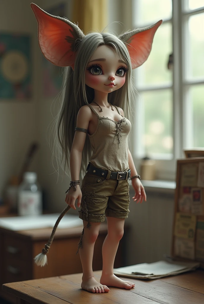 A small adult woman, 20cm tall, with long slender elf-like ears and a tail, adult face, adult body, medium breasts and curvy hips, wearing tattered clothes, standing on top of a desk, in a realistic photographic style