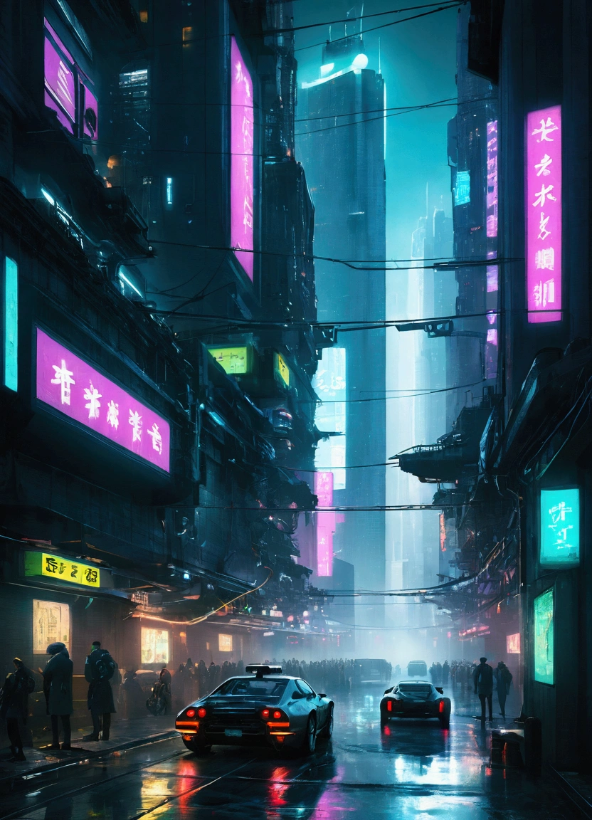 A highly detailed, hyper-realistic digital painting of a cyberpunk city inspired by the manga Psycho-Pass, cinematic lighting, dynamic composition, dark and moody color palette, neon-lit skyscrapers, flying cars, gritty urban landscape, atmospheric fog, digital cityscape, advanced technology, futuristic architecture, intricate details, dramatic lighting, cinematic style