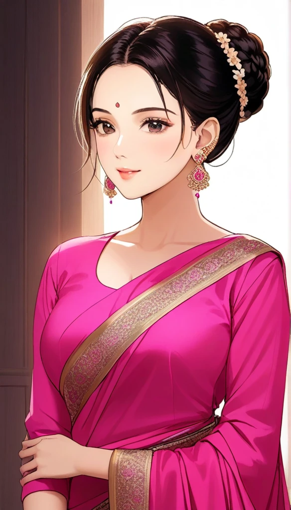 (1woman, mature, hair braid bun , full sleeve blouse pink bold saree, long arabic earrings , detailed alluring