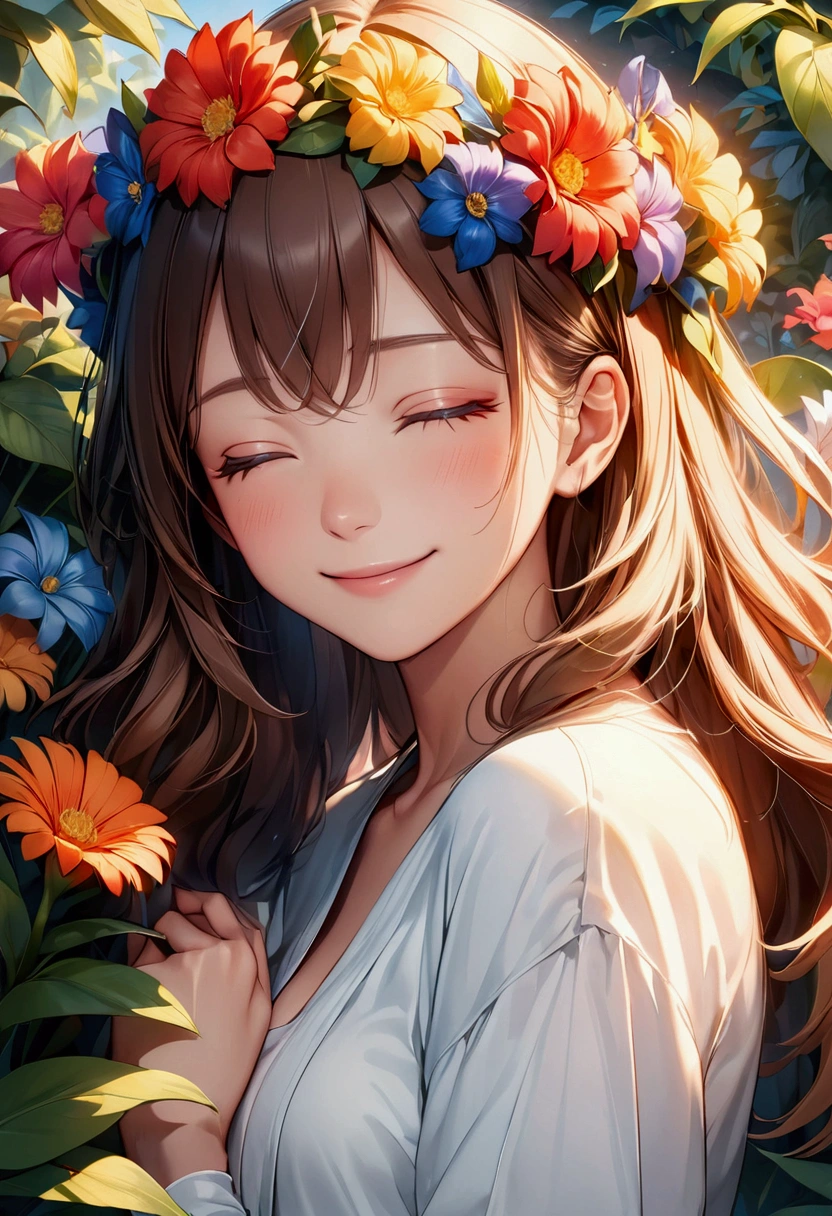an illustration of a woman with flowers around her head smiling, surrounded by many colorful plants, 1girl, flower, solo, closed eyes , (best quality, masterpiece, ultra-detailed, illustration1.2),(8K wallpaper),(beautiful detailed eyes1.2), beautiful, amazing, detailed eyes, (detailed skin)
