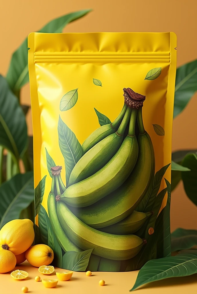 An image to print on a bag of roasted green banana in two colors, green and yellow