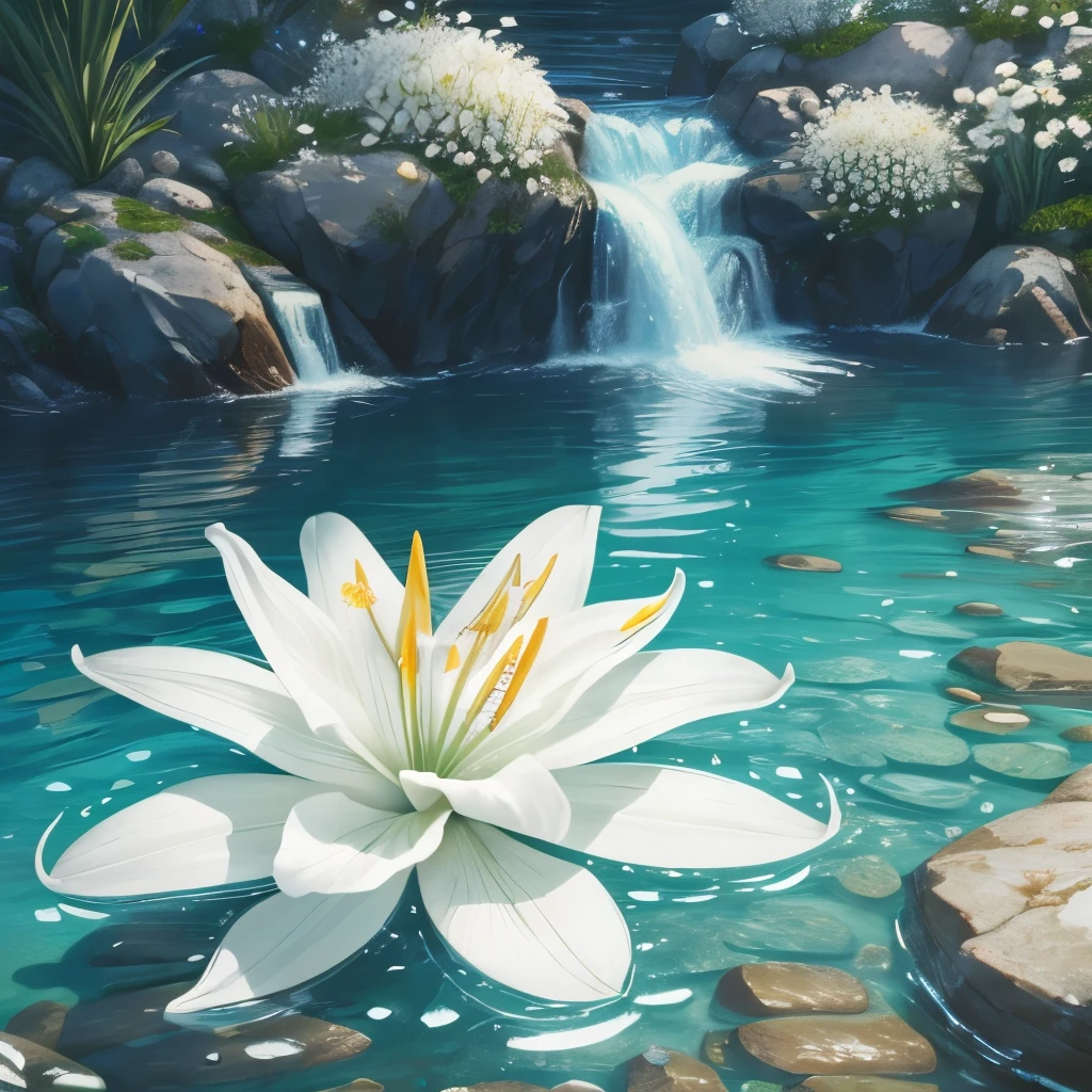 there are some white flowers in the water near some rocks, a digital rendering by Elizabeth Durack, pixabay, hurufiyya, hymenocallis coronaria, spirited water plants, lily flowers, detailed white, white flowers, white lilies, flowers with very long petals, lillies, white flower, glowing veins of white, garis edelweiss