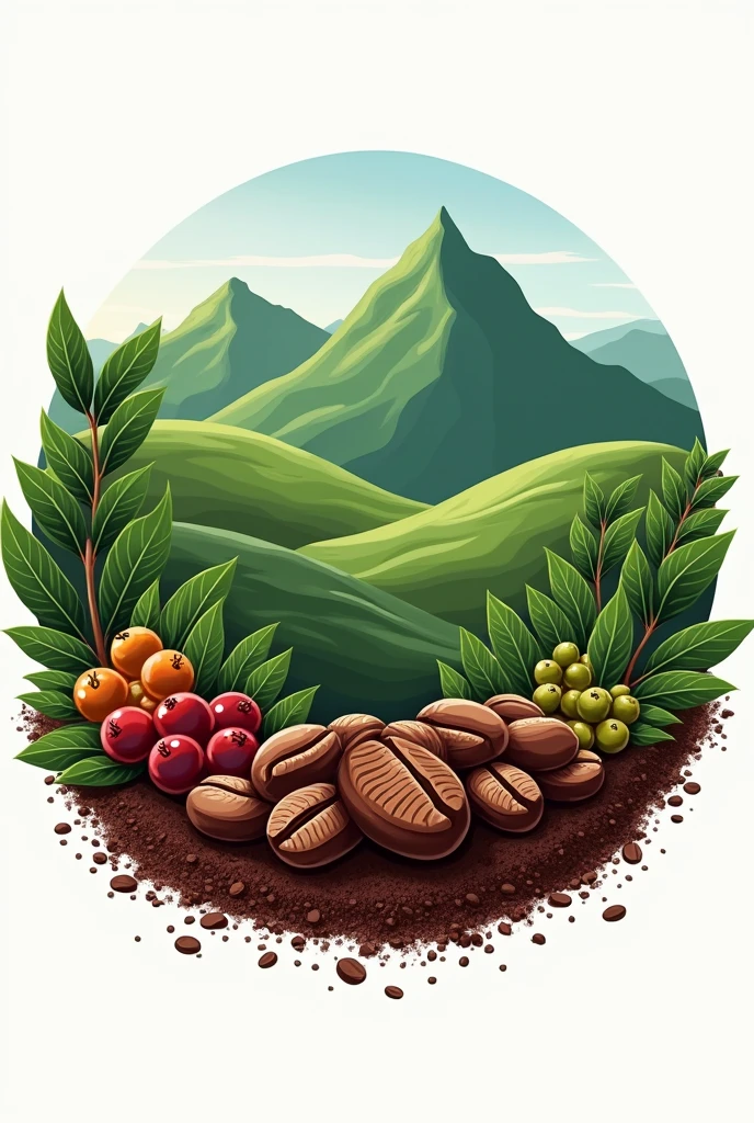 Create a logo that features green mountains with coffee plants, and below, ripe coffee beans, roasted coffee beans, and ground coffee.