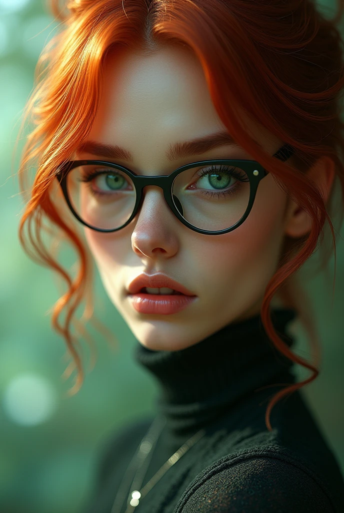 Woman with glasses, red hair, emerald green eyes, upturned nose, full lips, arched eyebrows and a fox-like look