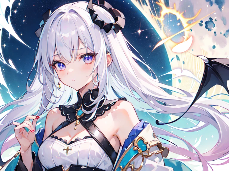 "Generate a stunning girl with a pink to white hair gradient、adorned with exquisite sun and moon shaped accessories on her head.. Her eyes are purple, but、One side is shining. She embodies the perfect blend of angelic and demonic qualities."