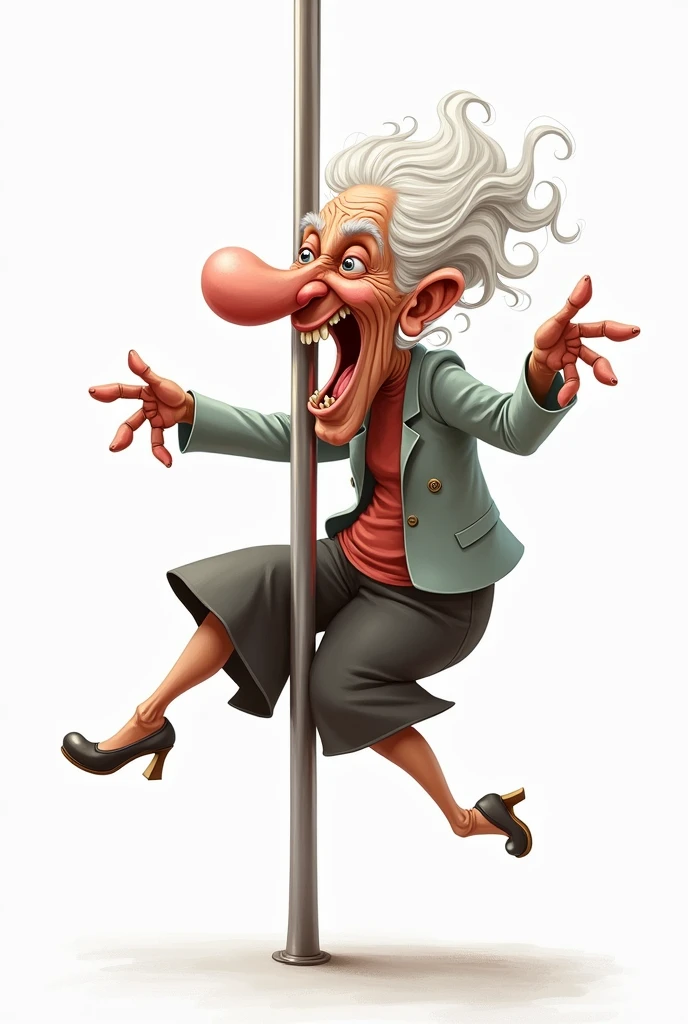 Caricature of an old woman, pole dancing, white background 