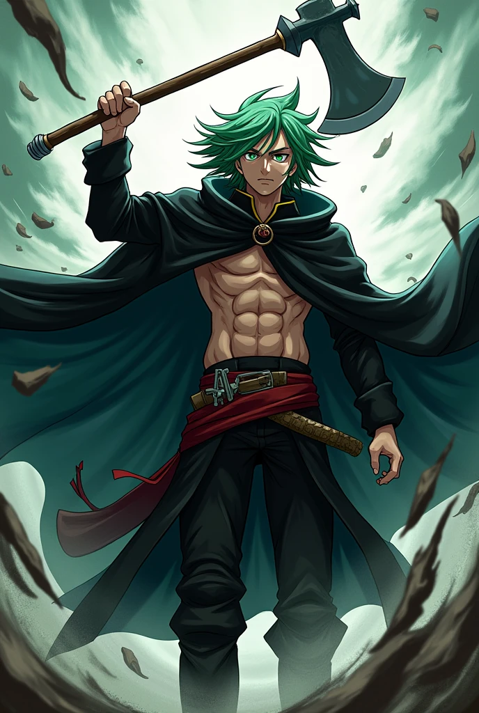 Nam Kimetsu yaiba, light green hair, black cloak ,use Battle Axe