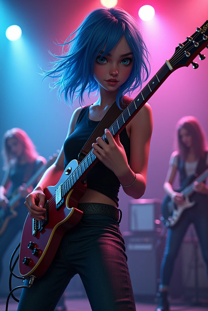 A 15-year-old girl with blue, medium-length hair who likes rock., He was performing a show with his rock band as a guitarist.
