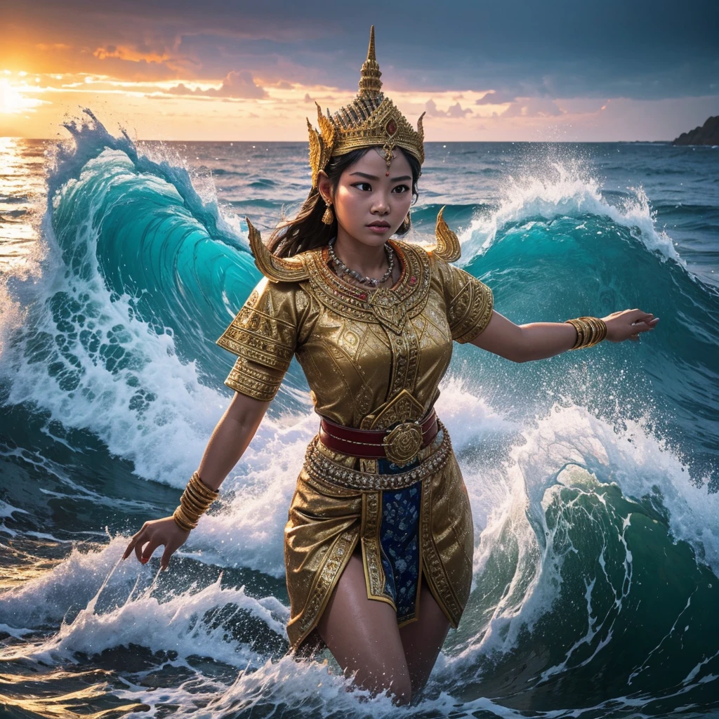 a gigantic traditional Thai female titan, walking in the sea, dress in Thai ancient traditional sbai, big intricate gold belt, half of her body up from the ocean, no headdress, lime stone island, beautiful detailed eyes, beautiful detailed lips, long eyelashes, extremely detailed anatomy, hyper realistic, 8k, photorealistic, cinematic lighting, dramatic lighting, volumetric fog, atmospheric, moody colors, vibrant colors, saturated colors, beautiful ocean landscape, waves, water splashing, dramatic sky, epic, cinematic, dramatic composition