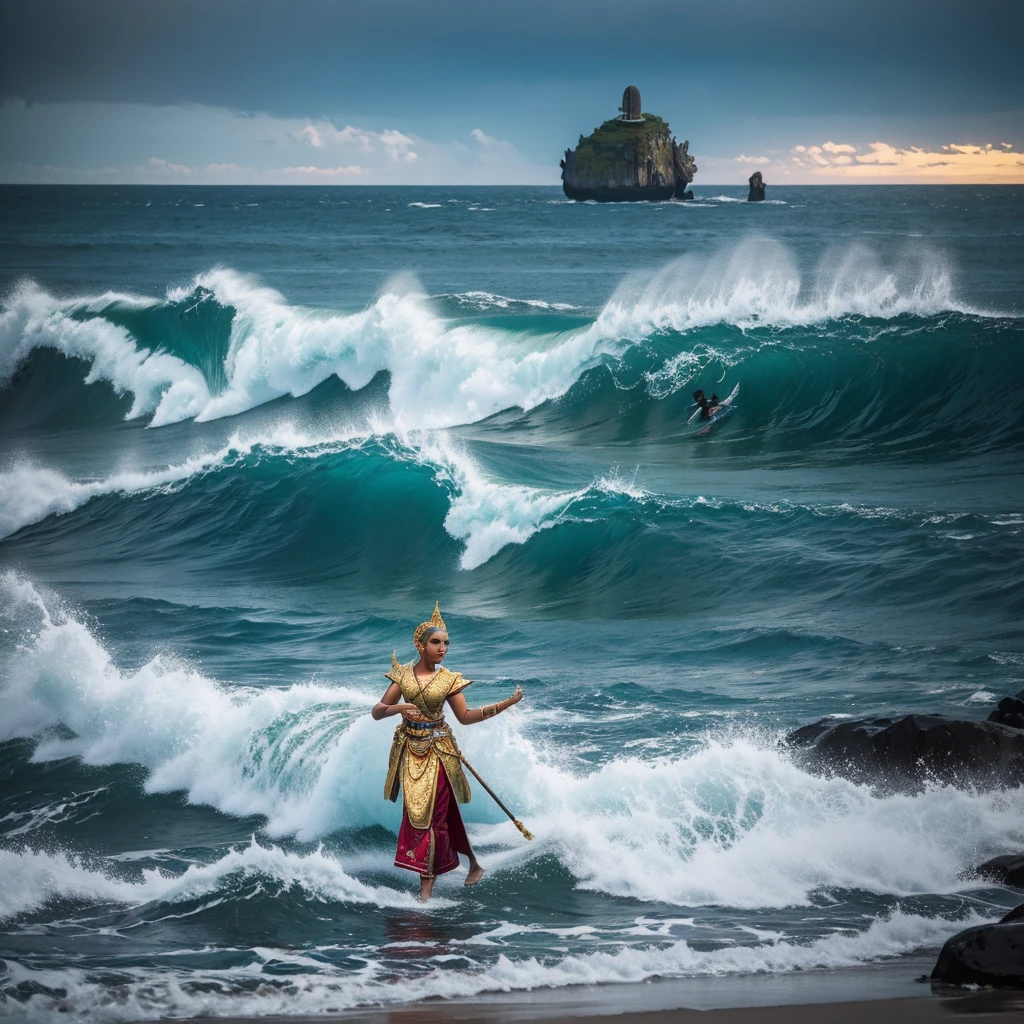 a gigantic traditional Thai female titan, walking in the sea, dress in Thai ancient traditional sbai, big intricate gold belt, half of her body up from the ocean, no headdress, lime stone island, beautiful detailed eyes, beautiful detailed lips, long eyelashes, extremely detailed anatomy, hyper realistic, 8k, photorealistic, cinematic lighting, dramatic lighting, volumetric fog, atmospheric, moody colors, vibrant colors, saturated colors, beautiful ocean landscape, waves, water splashing, dramatic sky, epic, cinematic, dramatic composition