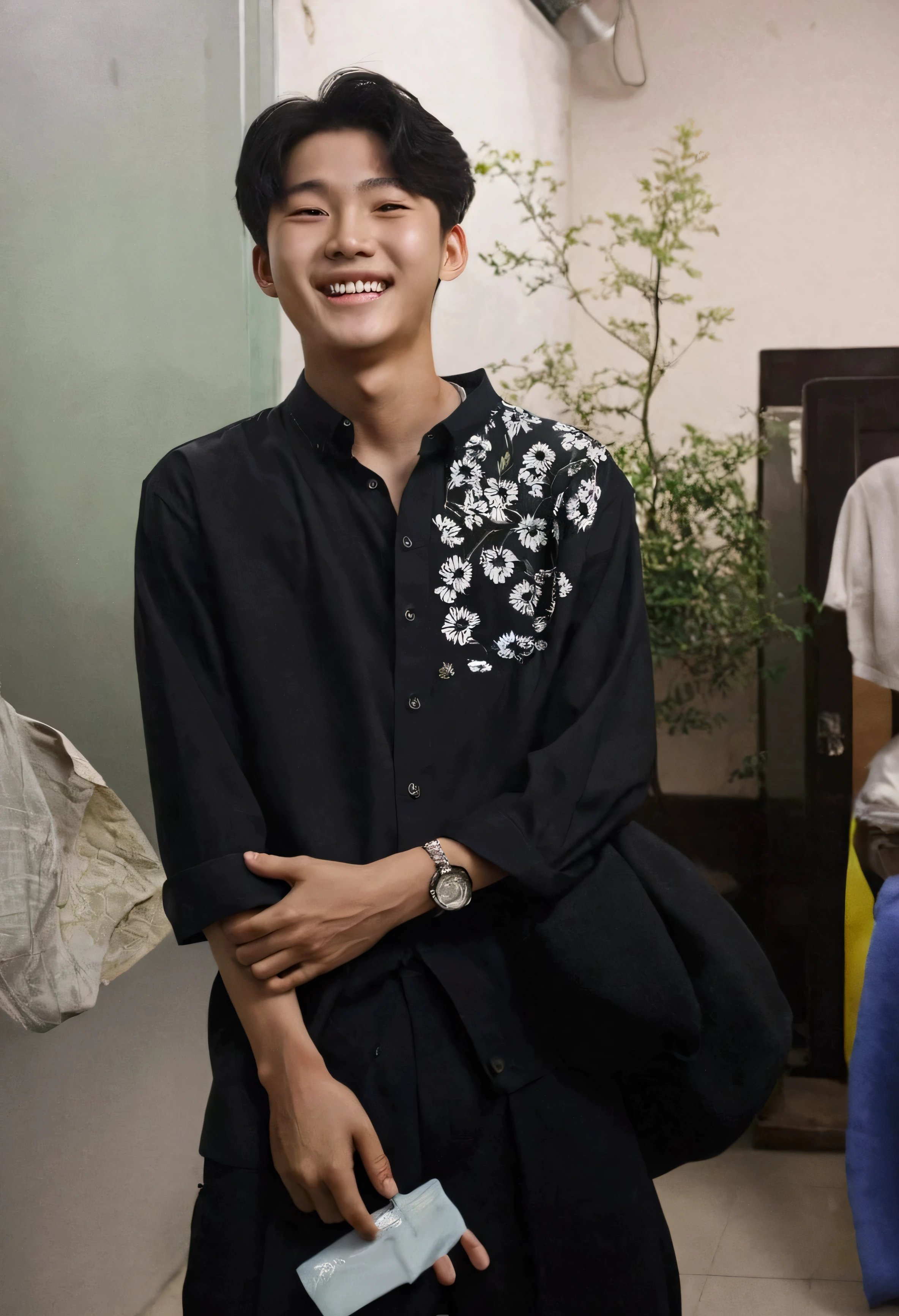 A cute korean baby boy age 15 years old boy extreme cute classic beautiful , light visible teeth