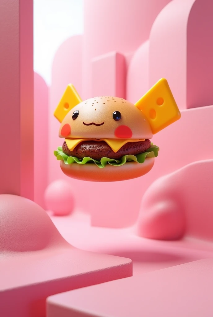A hamburger flying with two cheddar wings in a pink concrete world