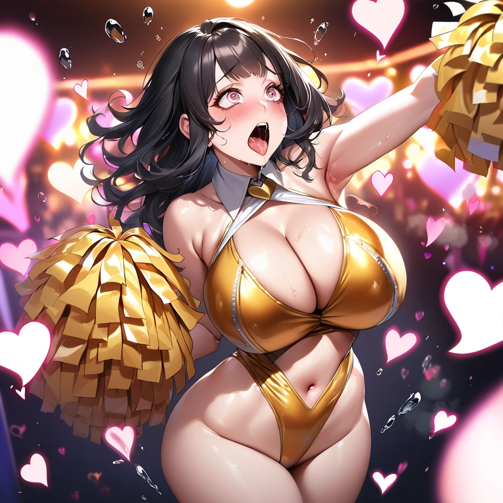 1woman,hyperrealistic, woman,insane eyes,flying heart-shapes,shaking effect,black hair,open mouth,saliva,shouting bubbles,(curvy body:1.2),gold cheerleading costume,at vulgar nightclub,