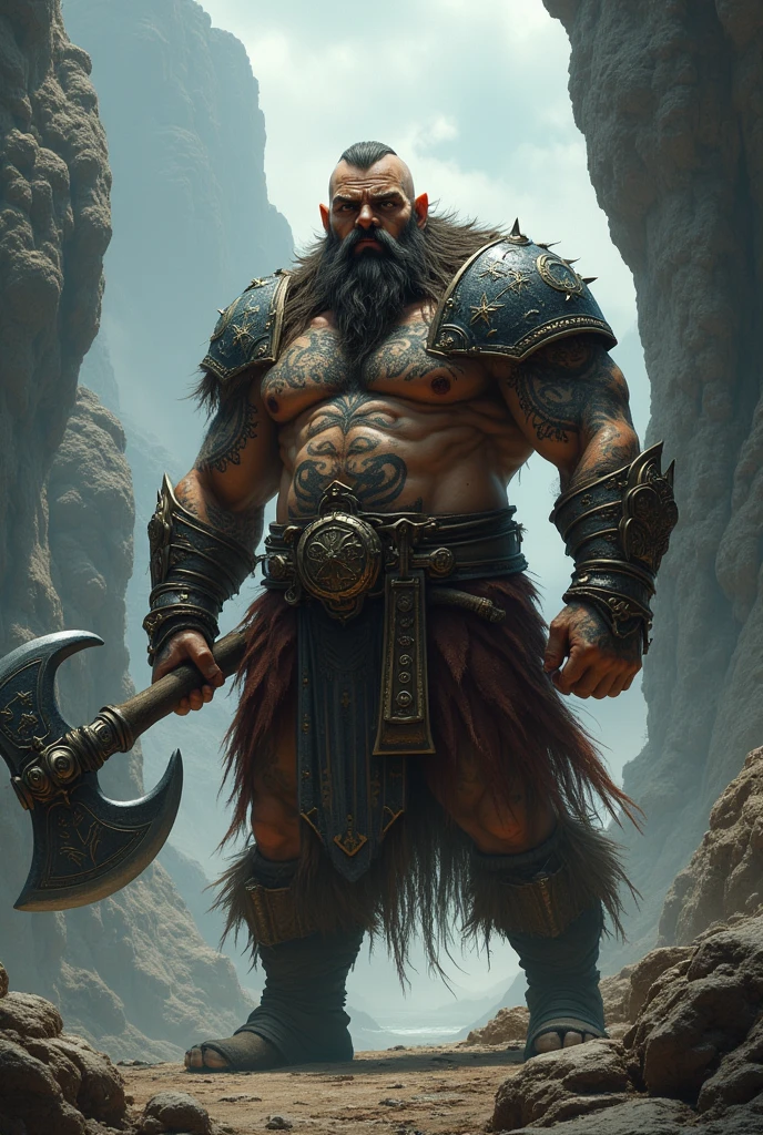 25 year old tattooed dwarf holding a giant axe with both hands